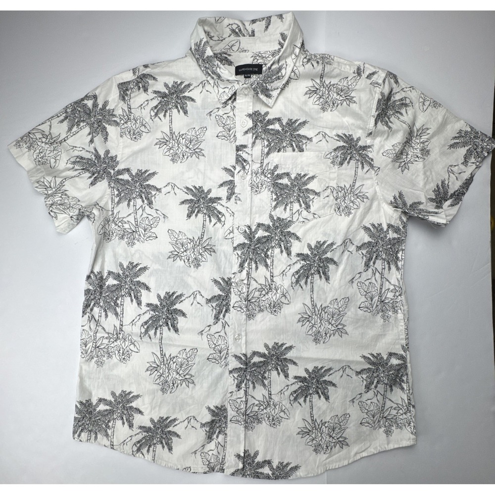 Warehouse One Button Down Shirt Tropical Palm Tree Print XL White‎ Black Cotton